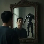 A conceptual image showing a person looking into a large vintage mirror, but the reflection shows a completely detached, floating robotic suit of armor or a hollow uniform, symbolizing the separation of ego from the work. Moody lighting, cinematic, photorealistic, muted color palette.
