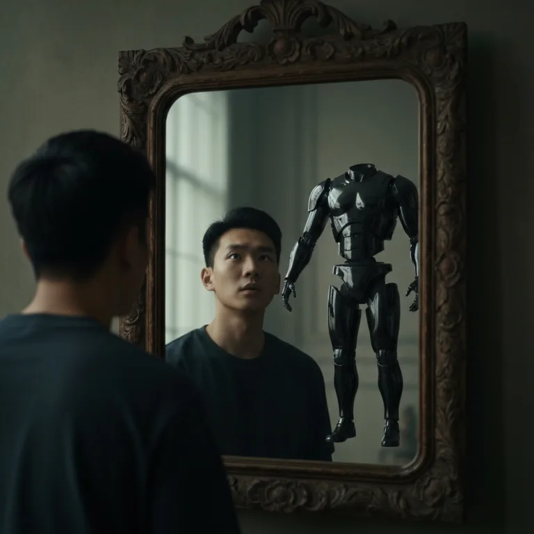 A conceptual image showing a person looking into a large vintage mirror, but the reflection shows a completely detached, floating robotic suit of armor or a hollow uniform, symbolizing the separation of ego from the work. Moody lighting, cinematic, photorealistic, muted color palette.