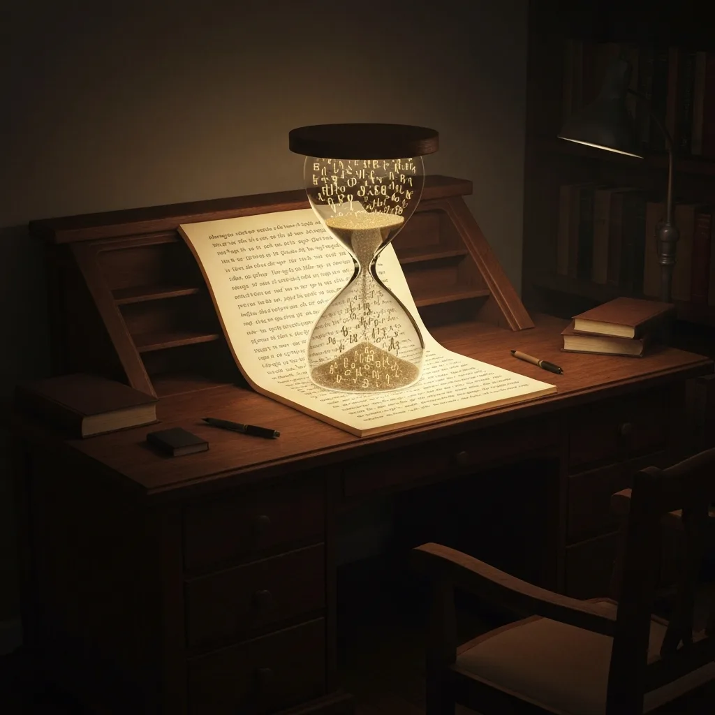 An abstract, conceptual illustration of a wooden writer's desk where the pages of a glowing manuscript are morphing into an hourglass, with letters and words falling like sand through the glass. Cinematic lighting, muted tones, surrealism style.