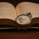 A macro photography shot of an antique brass pocket watch resting on the open pages of a classic hardcover book. The text on the pages is slightly blurred to create depth of field. Warm, moody library lighting, cinematic, highly detailed, 8k resolution.