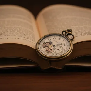 A macro photography shot of an antique brass pocket watch resting on the open pages of a classic hardcover book. The text on the pages is slightly blurred to create depth of field. Warm, moody library lighting, cinematic, highly detailed, 8k resolution.