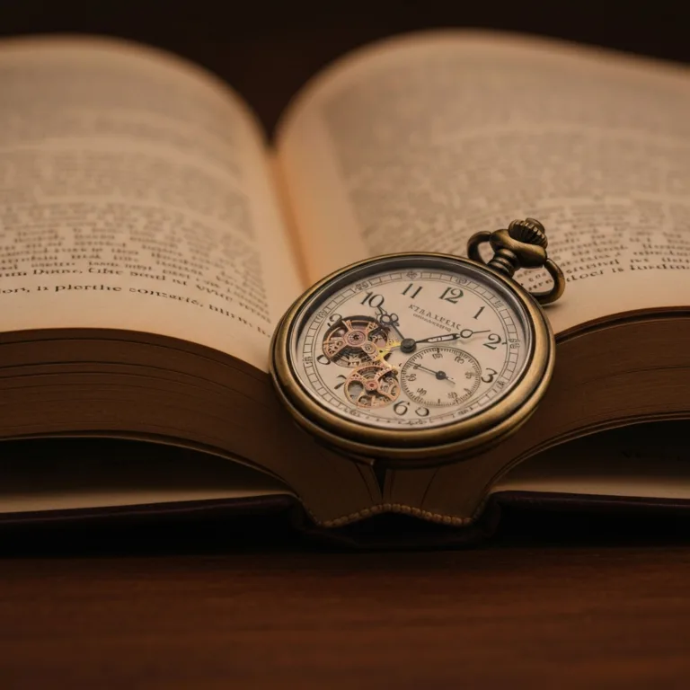 A macro photography shot of an antique brass pocket watch resting on the open pages of a classic hardcover book. The text on the pages is slightly blurred to create depth of field. Warm, moody library lighting, cinematic, highly detailed, 8k resolution.