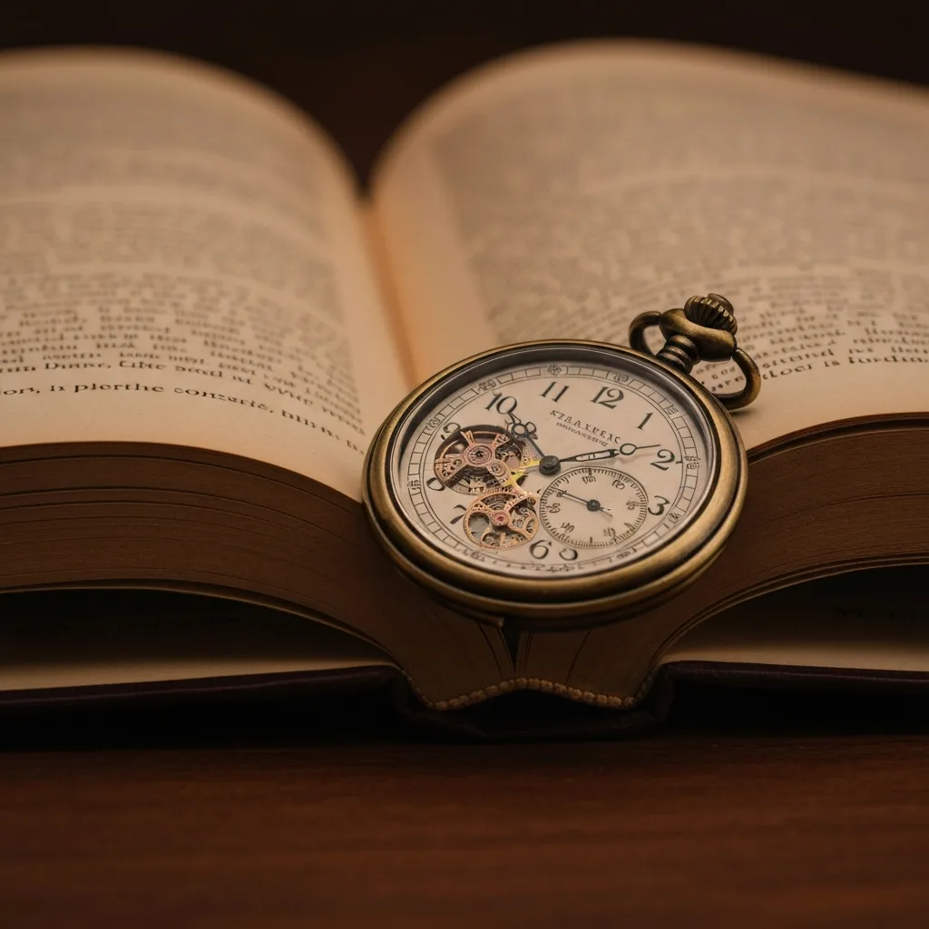 A macro photography shot of an antique brass pocket watch resting on the open pages of a classic hardcover book. The text on the pages is slightly blurred to create depth of field. Warm, moody library lighting, cinematic, highly detailed, 8k resolution.