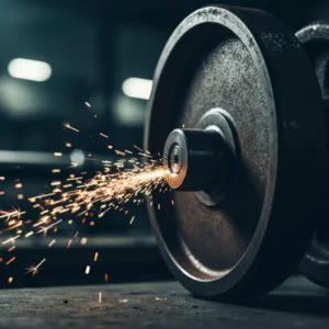 A close-up, cinematic shot of a heavy, rusted metal flywheel slowly beginning to turn, throwing off sparks, symbolizing the immense physical effort required to overcome static friction. Dark, moody lighting with high contrast.