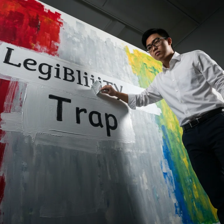 A conceptual representation of the 'Legibility Trap'. A person standing in front of a canvas. On the canvas is a wild, vibrant, chaotic, and beautiful explosion of colors and shapes representing their true ambition. However, they are painting over it with a dull, gray, perfectly straight grid to make it socially acceptable. Cinematic lighting, highly detailed, psychological concept art.