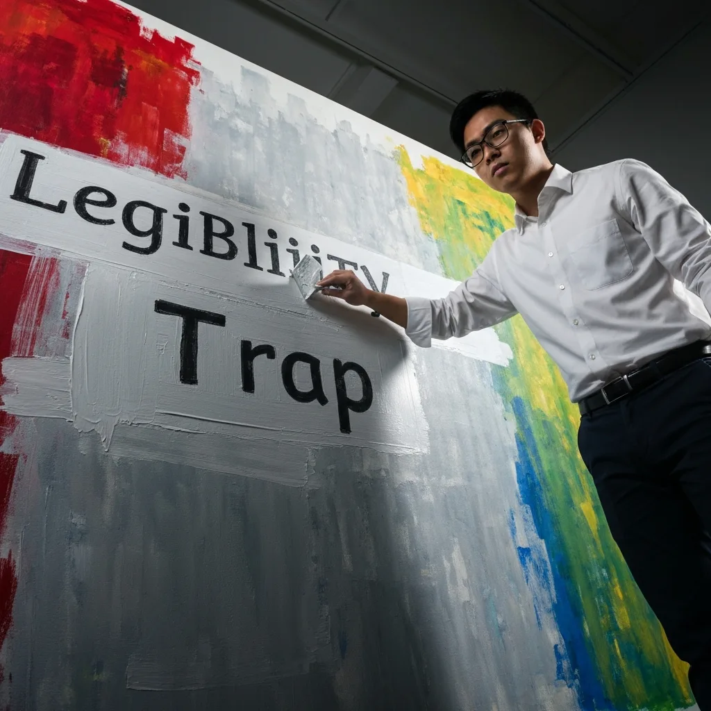 A conceptual representation of the 'Legibility Trap'. A person standing in front of a canvas. On the canvas is a wild, vibrant, chaotic, and beautiful explosion of colors and shapes representing their true ambition. However, they are painting over it with a dull, gray, perfectly straight grid to make it socially acceptable. Cinematic lighting, highly detailed, psychological concept art.