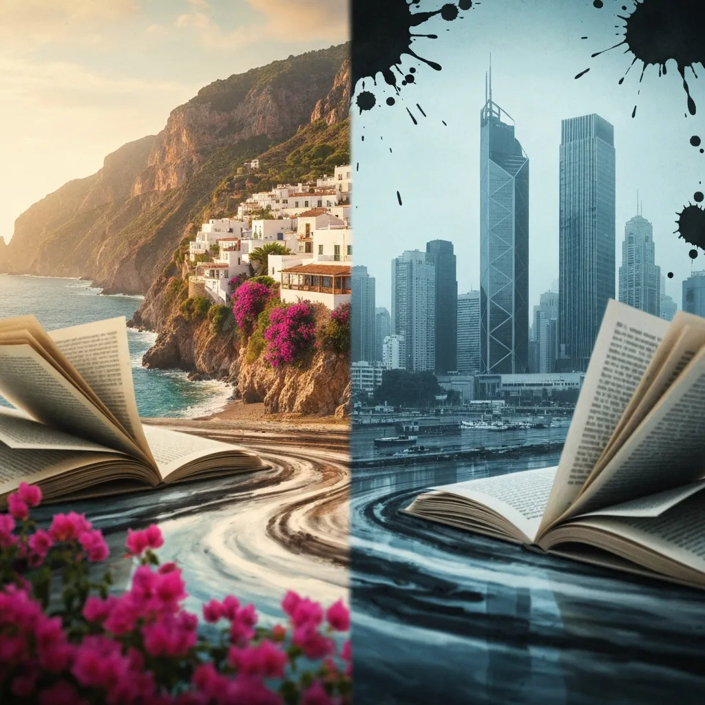 A split visual of two distinct landscapes merging together: on the left, a warm, sun-drenched coastal village, and on the right, a cold, geometric urban cityscape, separated by a river of flowing pages and ink, surreal literary concept art.
