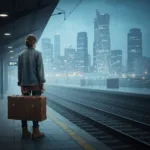 A solitary figure standing on a foggy train platform holding a battered leather suitcase, looking out toward a sprawling, unfamiliar modern metropolis at twilight, moody cinematic lighting, highly detailed.