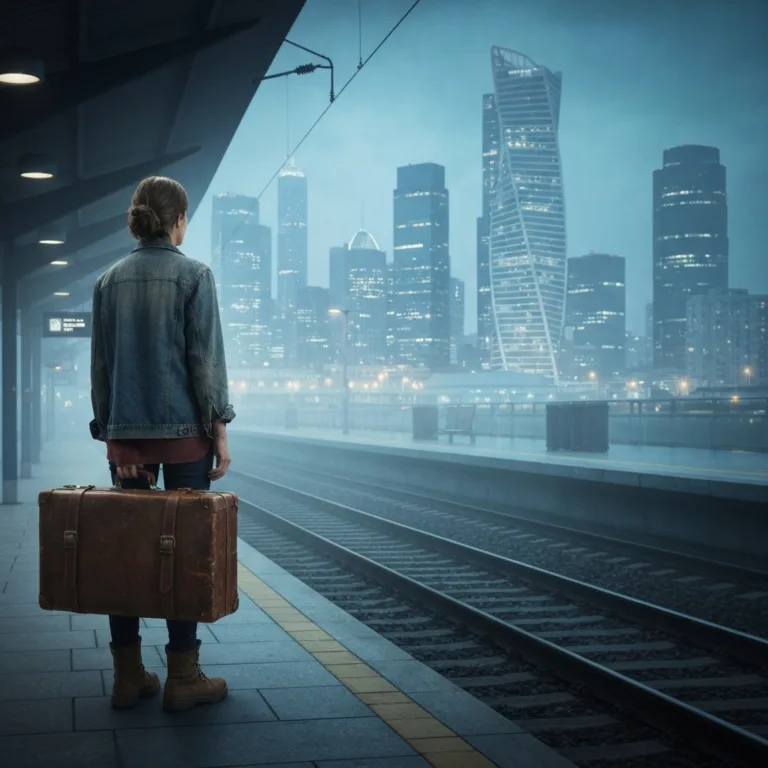 A solitary figure standing on a foggy train platform holding a battered leather suitcase, looking out toward a sprawling, unfamiliar modern metropolis at twilight, moody cinematic lighting, highly detailed.