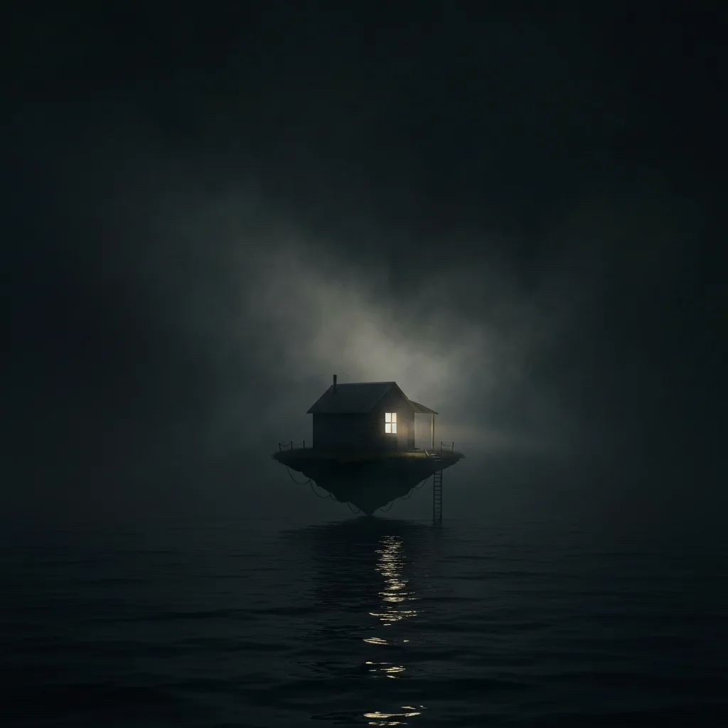 A surreal digital painting of a small, isolated cabin floating on a tiny piece of land in the middle of a dark, endless ocean, heavy fog, cinematic lighting, evoking a sense of deep solitude and literary introspection.