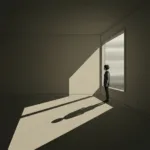 A stark, minimalist illustration of a solitary figure standing at the edge of a vast, empty room with a single, highly contrasted window casting a long geometric shadow across the floor, moody and atmospheric, high resolution.
