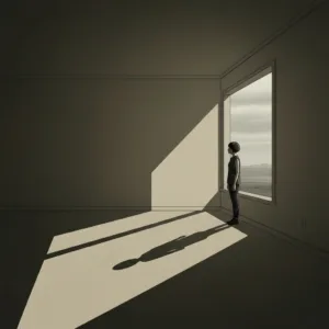 A stark, minimalist illustration of a solitary figure standing at the edge of a vast, empty room with a single, highly contrasted window casting a long geometric shadow across the floor, moody and atmospheric, high resolution.