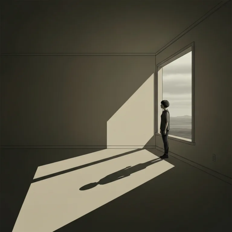 A stark, minimalist illustration of a solitary figure standing at the edge of a vast, empty room with a single, highly contrasted window casting a long geometric shadow across the floor, moody and atmospheric, high resolution.