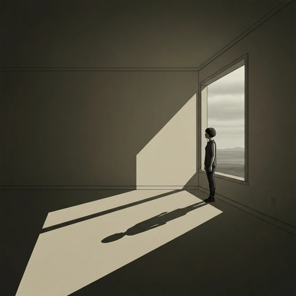 A stark, minimalist illustration of a solitary figure standing at the edge of a vast, empty room with a single, highly contrasted window casting a long geometric shadow across the floor, moody and atmospheric, high resolution.