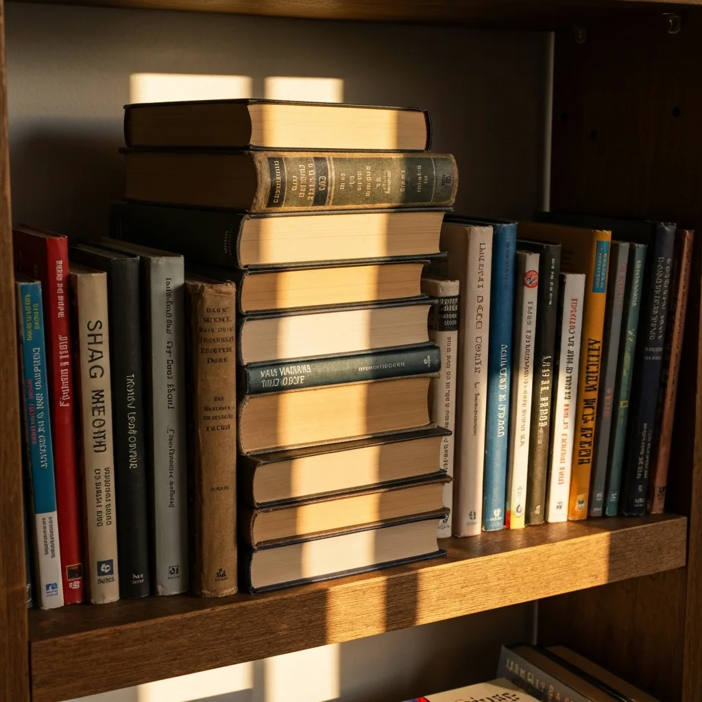 A diverse collection of classic and modern novels stacked unevenly on a rustic wooden library shelf. Dust motes are dancing in a sharp shaft of golden afternoon sunlight coming through a nearby unseen window, highlighting the worn spines of the books.
