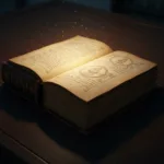 A realistic, moody illustration of a worn, antique book lying open on a dark oak desk, with subtle, warm glowing light emerging directly from the pages, symbolizing hope and resilience in dark times. Cinematic lighting, high detail, photorealistic.