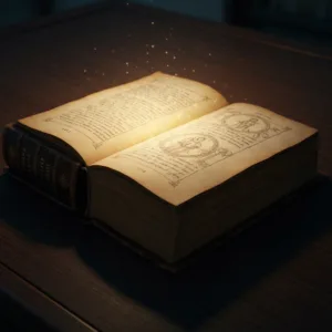 A realistic, moody illustration of a worn, antique book lying open on a dark oak desk, with subtle, warm glowing light emerging directly from the pages, symbolizing hope and resilience in dark times. Cinematic lighting, high detail, photorealistic.