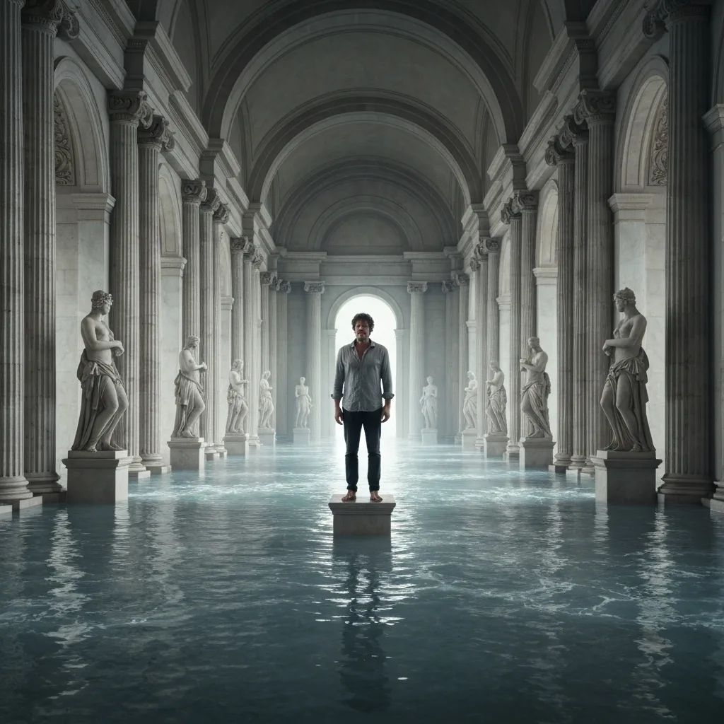A classical marble hall flooded with ocean water, statues partially submerged, a lone figure standing on a pedestal looking at the tide, ethereal and cinematic.
