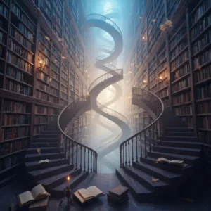 A surreal library with endless shifting staircases and towering bookshelves that fade into a misty, dreamlike abyss, atmospheric lighting, highly detailed digital art.