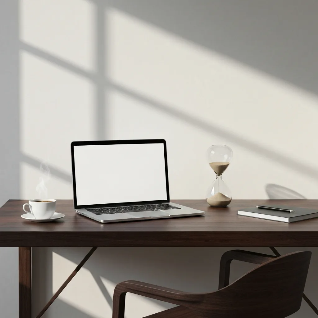 A minimalist, modern workspace with a sleek desk, a laptop, and a steaming cup of coffee. Next to the laptop is an elegant glass hourglass with sand flowing smoothly, symbolizing pacing and sustainable effort. Soft, natural window light, tranquil atmosphere.