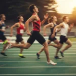 A cinematic, high-contrast image of a track athlete running at high speed, but their face and shoulders are completely relaxed, contrasting with the blurred, straining competitors in the background. Warm, golden hour lighting, hyper-realistic.