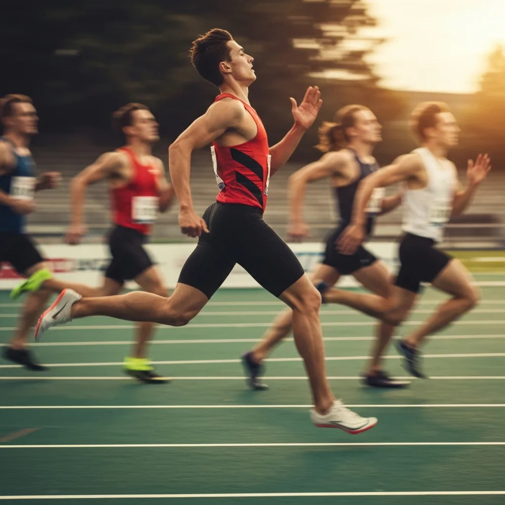 A cinematic, high-contrast image of a track athlete running at high speed, but their face and shoulders are completely relaxed, contrasting with the blurred, straining competitors in the background. Warm, golden hour lighting, hyper-realistic.