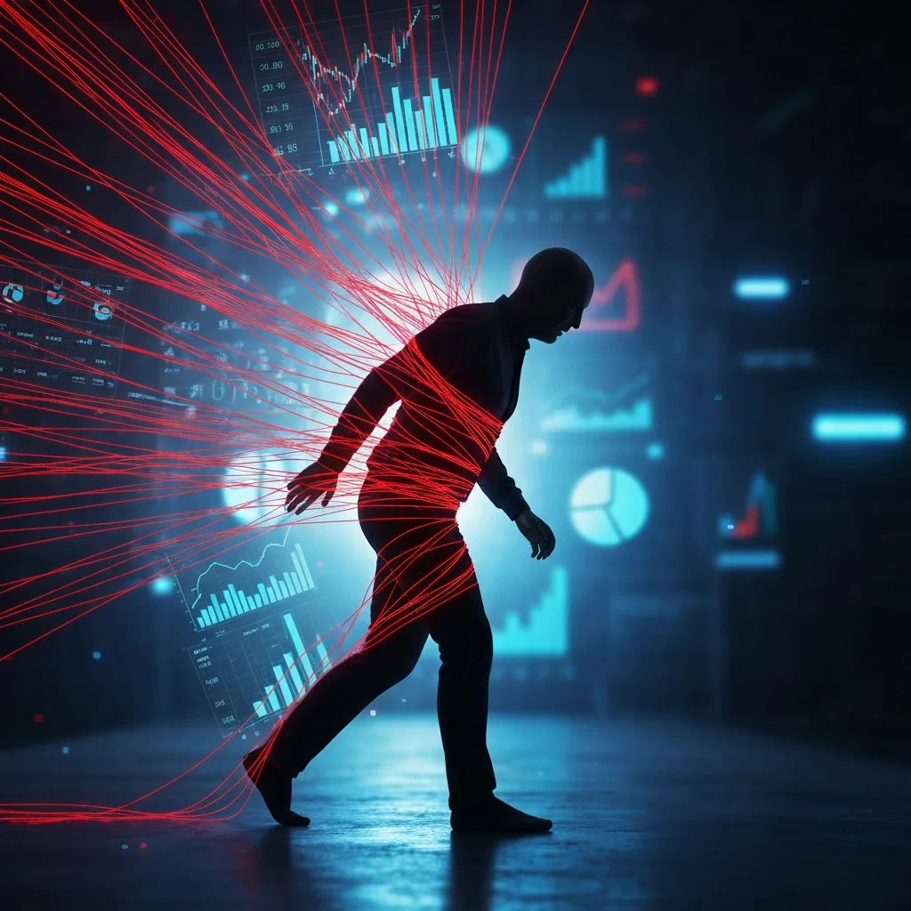 An abstract psychological representation of data overload. A human silhouette walking forward, but heavily tethered by glowing neon charts, graphs, and numbers pulling them backward. Dark, moody atmosphere with vibrant cyber-blue and stark red data lines, conceptual art.