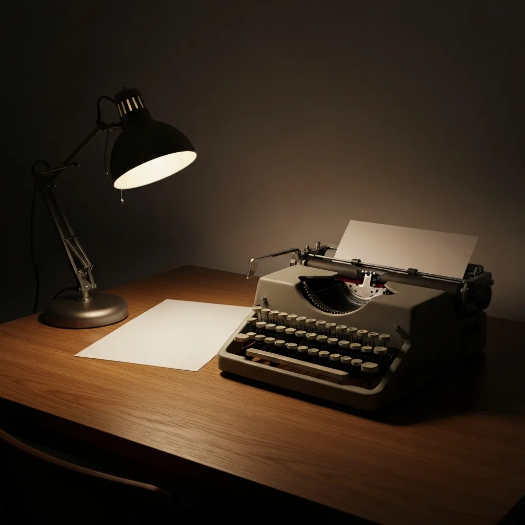A minimalist, dimly lit workspace featuring a vintage typewriter on a solid oak desk. No modern screens or digital trackers are visible. A single warm desk lamp illuminates the paper, emphasizing deep, uninterrupted focus. High contrast, cinematic lighting, photorealistic.