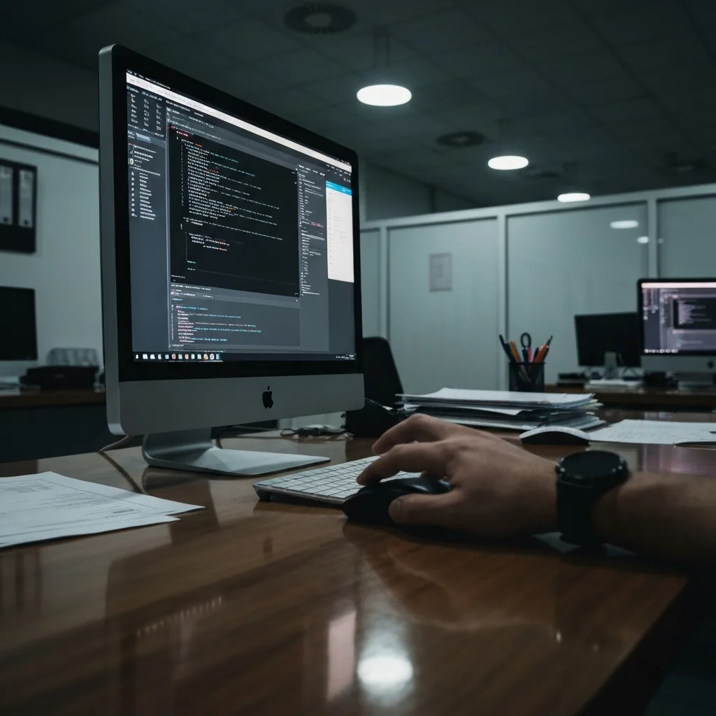 A dimly lit, modern office desk after hours. A person's hand is hovering over a computer mouse, finger hesitating just above the 'shut down' button, while a complex, unfinished project remains open on the glowing monitor. The scene captures the tense internal negotiation of stopping just short of the finish line. Soft, atmospheric neon lighting reflecting from the screen.