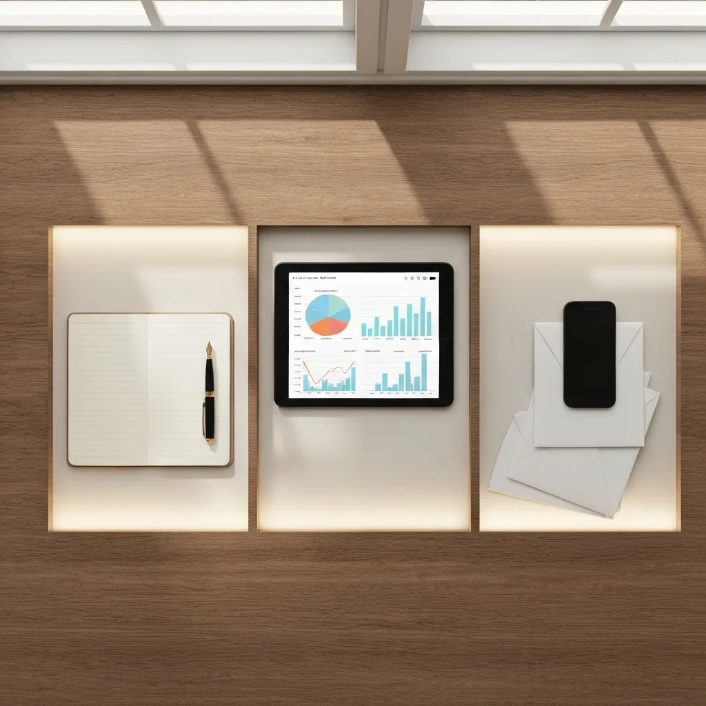 A minimalist, modern workspace shot from a top-down perspective. A wooden desk neatly divided into three distinct zones by subtle lighting. Zone one has a blank notebook and a sleek fountain pen. Zone two has a tablet displaying analytical charts. Zone three has a smartphone and a neat stack of mail. Soft, natural sunlight filtering through a window, clean aesthetic.