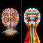 A split-screen visual concept. On the left, a chaotic, tangled web of glowing neon lines in different colors (red, blue, yellow) representing mixed cognitive tasks, leading to a frazzled human brain. On the right, perfectly parallel, organized streams of light in distinct, separated color blocks, flowing smoothly into a calm, glowing brain. High-contrast, cinematic lighting, futuristic but grounded.