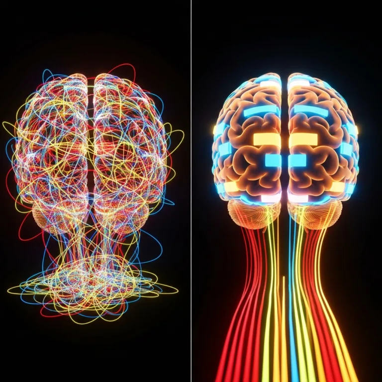 A split-screen visual concept. On the left, a chaotic, tangled web of glowing neon lines in different colors (red, blue, yellow) representing mixed cognitive tasks, leading to a frazzled human brain. On the right, perfectly parallel, organized streams of light in distinct, separated color blocks, flowing smoothly into a calm, glowing brain. High-contrast, cinematic lighting, futuristic but grounded.