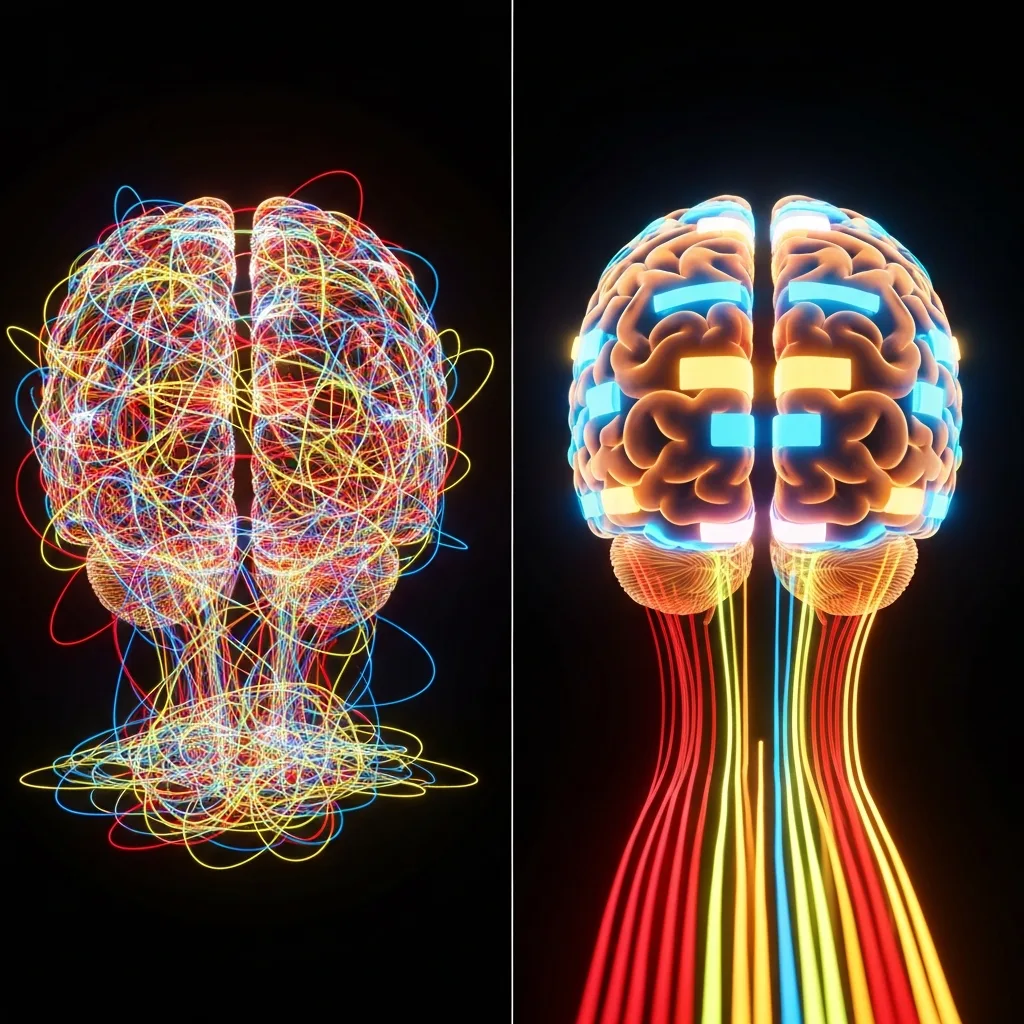 A split-screen visual concept. On the left, a chaotic, tangled web of glowing neon lines in different colors (red, blue, yellow) representing mixed cognitive tasks, leading to a frazzled human brain. On the right, perfectly parallel, organized streams of light in distinct, separated color blocks, flowing smoothly into a calm, glowing brain. High-contrast, cinematic lighting, futuristic but grounded.