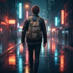 A realistic, moody illustration of a modern drifter walking down a neon-lit, rain-slicked city street at night, carrying a worn canvas backpack. The atmosphere is gritty but hopeful, evoking a sense of urban survival and endless journey. Cinematic lighting, highly detailed.
