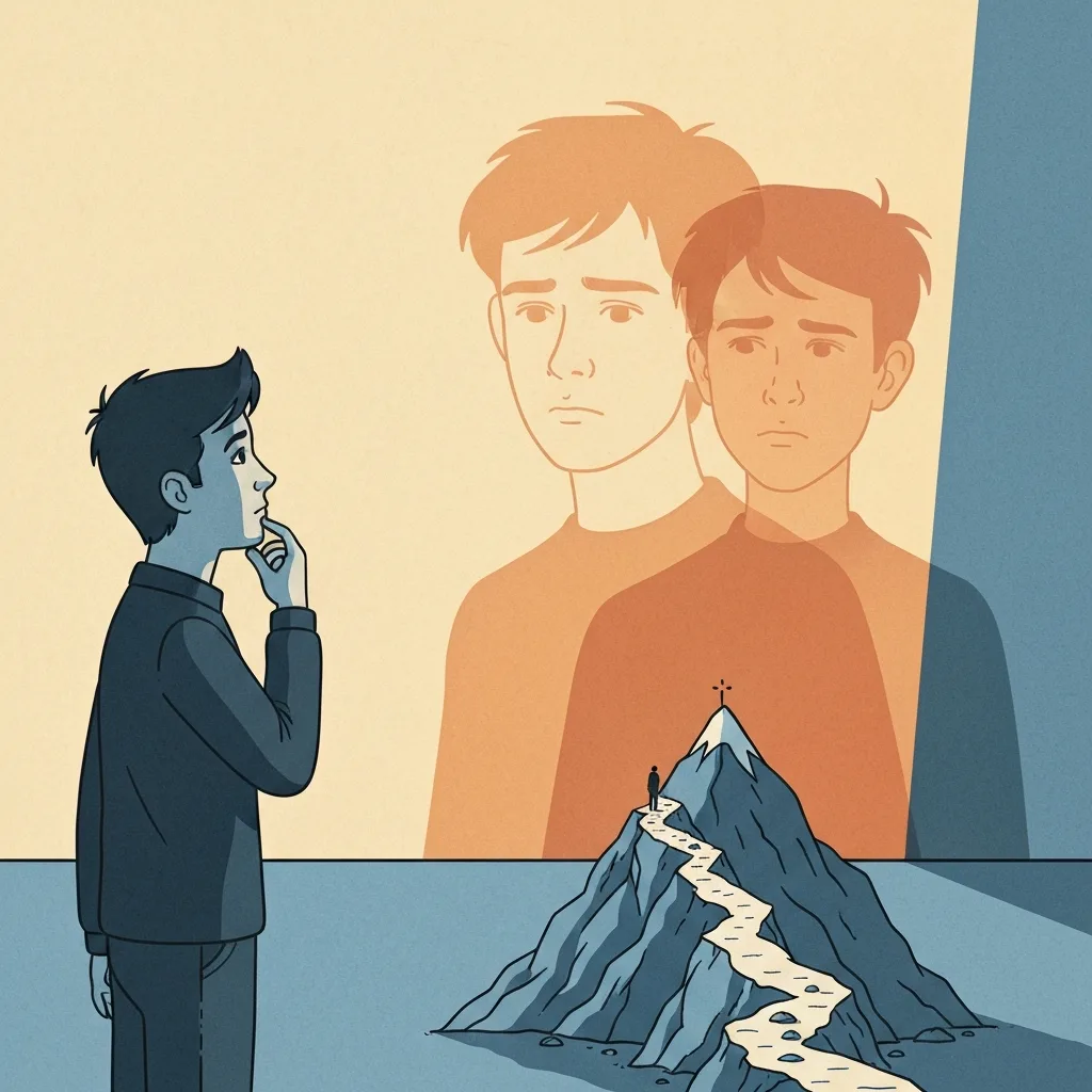 A conceptual minimalist illustration showing a person looking at a giant, glowing shadow of their past self cast on a wall, while a small, steep, rocky mountain path waits ignored at their feet.