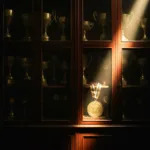 A cinematic, moody photograph of a dusty trophy cabinet in a dimly lit room, with a single beam of harsh light illuminating a tarnished gold medal. The background is blurred, symbolizing the fading nature of past victories.