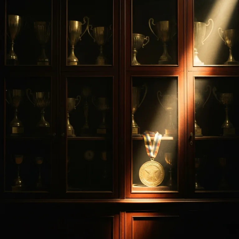 A cinematic, moody photograph of a dusty trophy cabinet in a dimly lit room, with a single beam of harsh light illuminating a tarnished gold medal. The background is blurred, symbolizing the fading nature of past victories.
