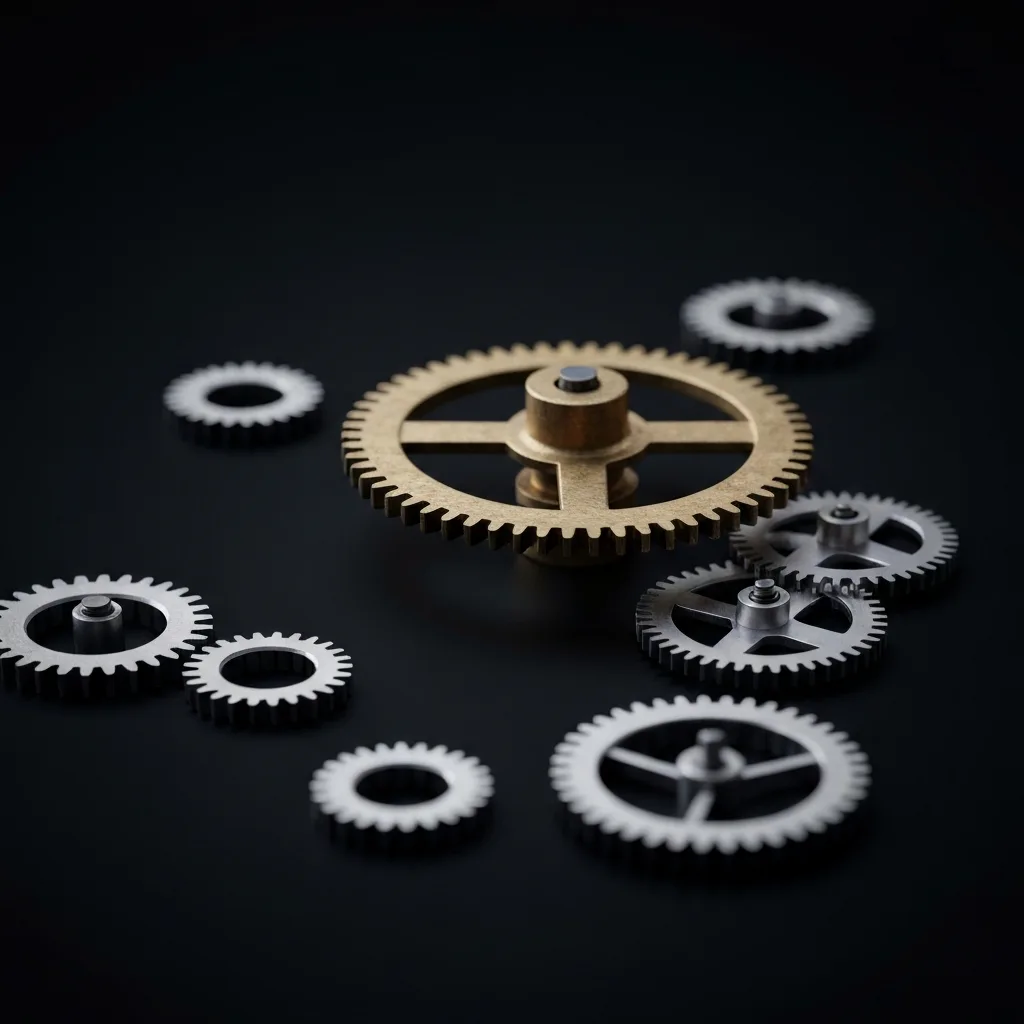 A macro shot of a complex mechanical clockwork mechanism where one large, heavily worn brass gear is turning smoothly, contrasting with several small, shiny, but disconnected gears lying scattered around it. Shallow depth of field, photorealistic.