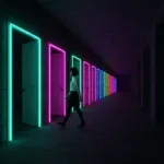 A minimalist, conceptual illustration of a person walking past a series of brightly glowing neon open doors, choosing instead to walk down a long, dimly lit but solid stone corridor. Cinematic lighting, deep shadows, high contrast.