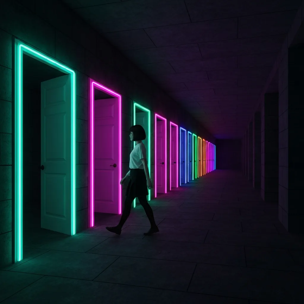 A minimalist, conceptual illustration of a person walking past a series of brightly glowing neon open doors, choosing instead to walk down a long, dimly lit but solid stone corridor. Cinematic lighting, deep shadows, high contrast.