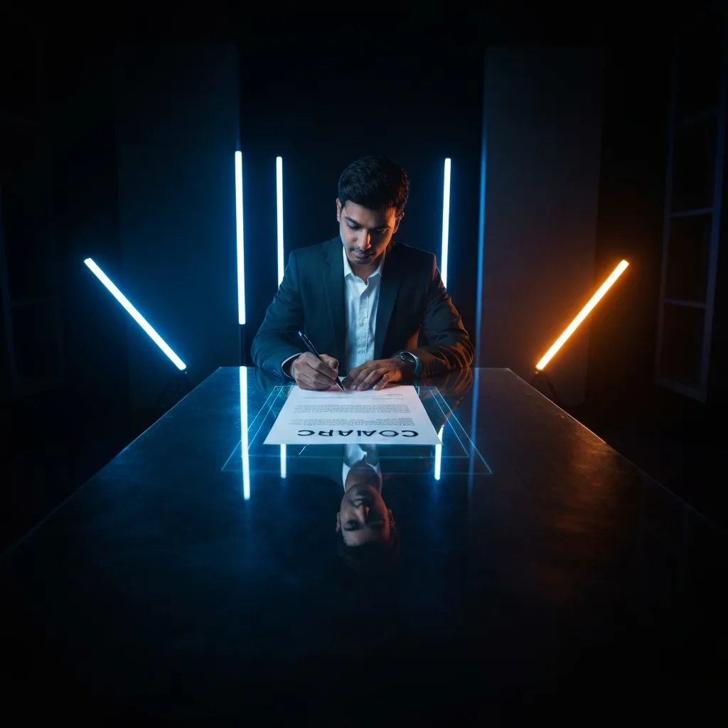 A visual metaphor of internal accountability: A professional sitting in a dark, modern office, signing a glowing, holographic contract with their own reflection. Cyberpunk or modern corporate aesthetic, cool blue and neon orange lighting, symbolizing the act of treating oneself as a client.