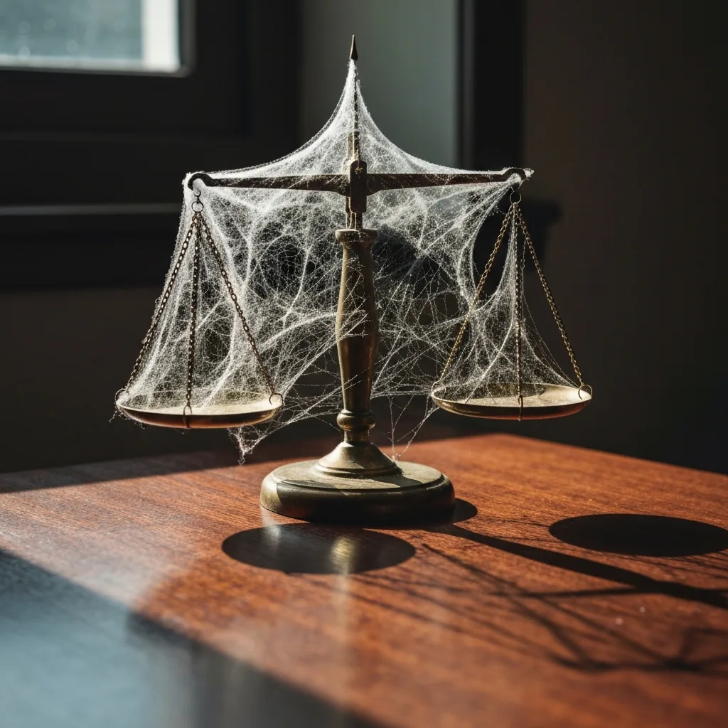 A conceptual, moody image of a perfectly balanced vintage brass scale on a wooden desk, but the scale is covered in thick cobwebs and dust, symbolizing the stagnation and lack of movement inherent in perfect equilibrium. Soft, natural light filtering through a nearby window, dark academic aesthetic.