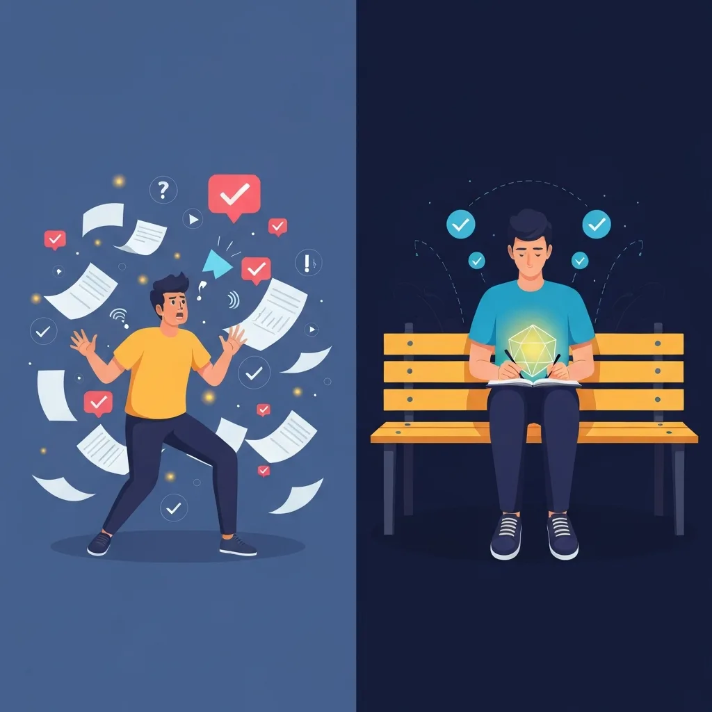 A split-screen conceptual illustration. On the left, a frantic, blurred figure surrounded by flying papers, glowing checkmarks, and digital notifications, representing chaotic output and burnout. On the right, a calm figure sitting peacefully on a park bench sketching a single, bright, glowing geometric shape in a notebook, representing strategic incubation and clarity. High contrast, modern flat vector art style.