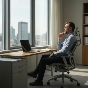 A minimalist workspace with a person sitting back in an ergonomic office chair, staring thoughtfully out a large floor-to-ceiling window at a modern cityscape. On the desk, a closed laptop and a blank, open Moleskine notebook. Cinematic lighting, soft afternoon shadows, conveying a sense of deep thought, strategic pause, and calm focus.