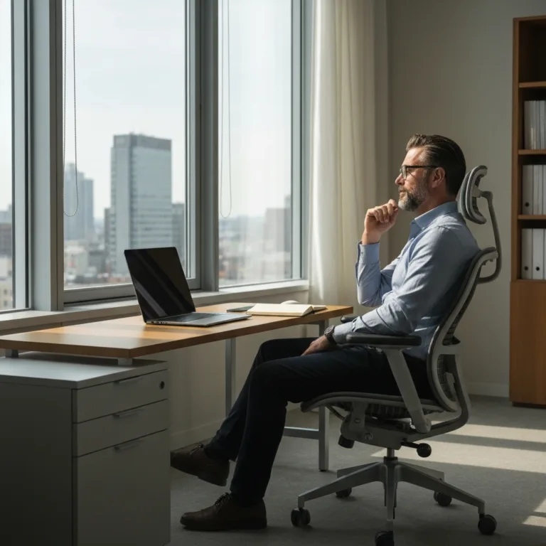 A minimalist workspace with a person sitting back in an ergonomic office chair, staring thoughtfully out a large floor-to-ceiling window at a modern cityscape. On the desk, a closed laptop and a blank, open Moleskine notebook. Cinematic lighting, soft afternoon shadows, conveying a sense of deep thought, strategic pause, and calm focus.