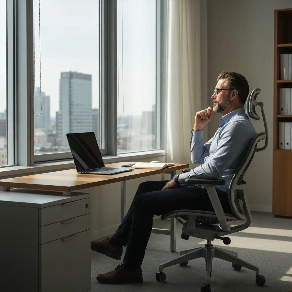 A minimalist workspace with a person sitting back in an ergonomic office chair, staring thoughtfully out a large floor-to-ceiling window at a modern cityscape. On the desk, a closed laptop and a blank, open Moleskine notebook. Cinematic lighting, soft afternoon shadows, conveying a sense of deep thought, strategic pause, and calm focus.