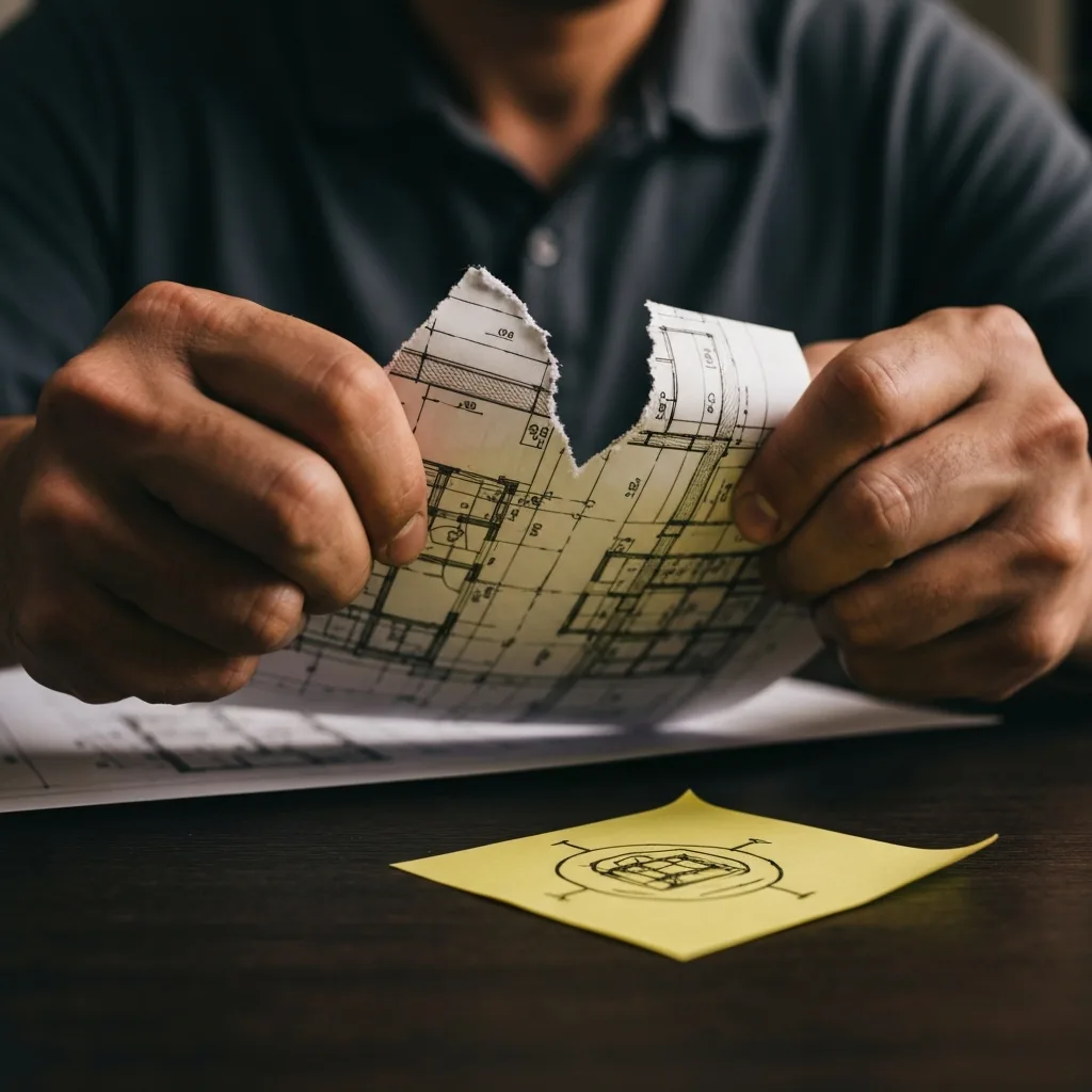 A close-up shot of a person's hands tearing up a complex, meticulously drawn architectural blueprint, with a simple, rough sketch on a bright yellow Post-it note sitting in sharp focus on the dark wooden desk. Warm desk lamp lighting, shallow depth of field.