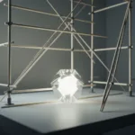 A minimalist workspace featuring a messy, temporary scaffolding made of thin wooden sticks supporting a glowing, polished geometric object, symbolizing temporary systems creating permanent value. Soft natural lighting, highly detailed, cinematic photography.