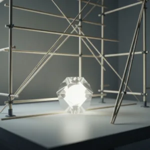 A minimalist workspace featuring a messy, temporary scaffolding made of thin wooden sticks supporting a glowing, polished geometric object, symbolizing temporary systems creating permanent value. Soft natural lighting, highly detailed, cinematic photography.