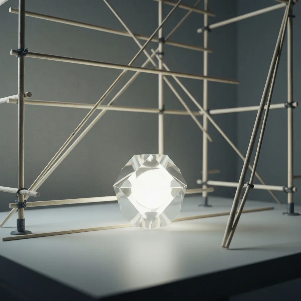 A minimalist workspace featuring a messy, temporary scaffolding made of thin wooden sticks supporting a glowing, polished geometric object, symbolizing temporary systems creating permanent value. Soft natural lighting, highly detailed, cinematic photography.